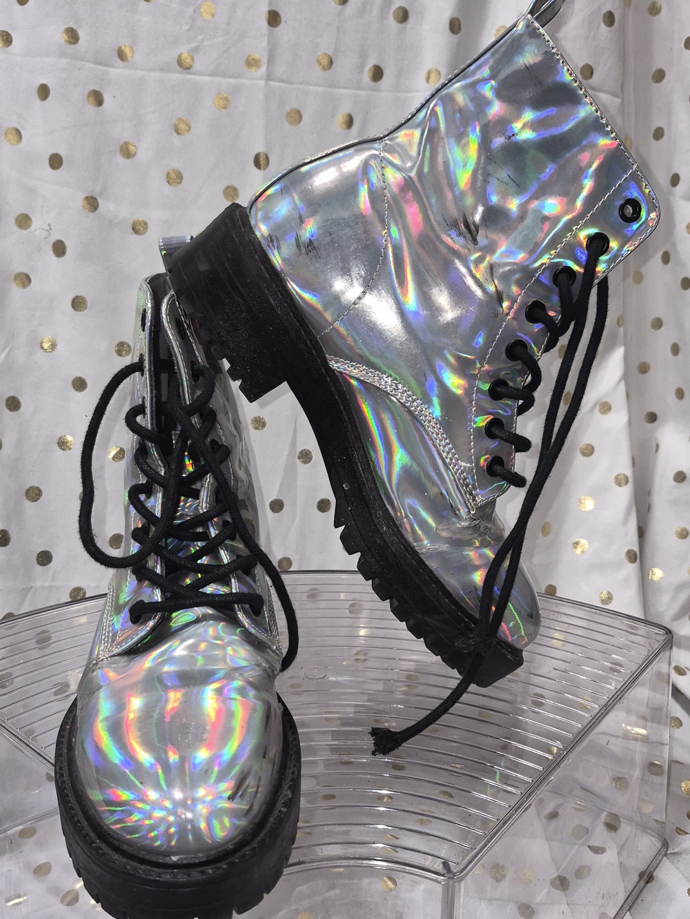 Holographic Lace-Up Women's Combat Boots - Silver